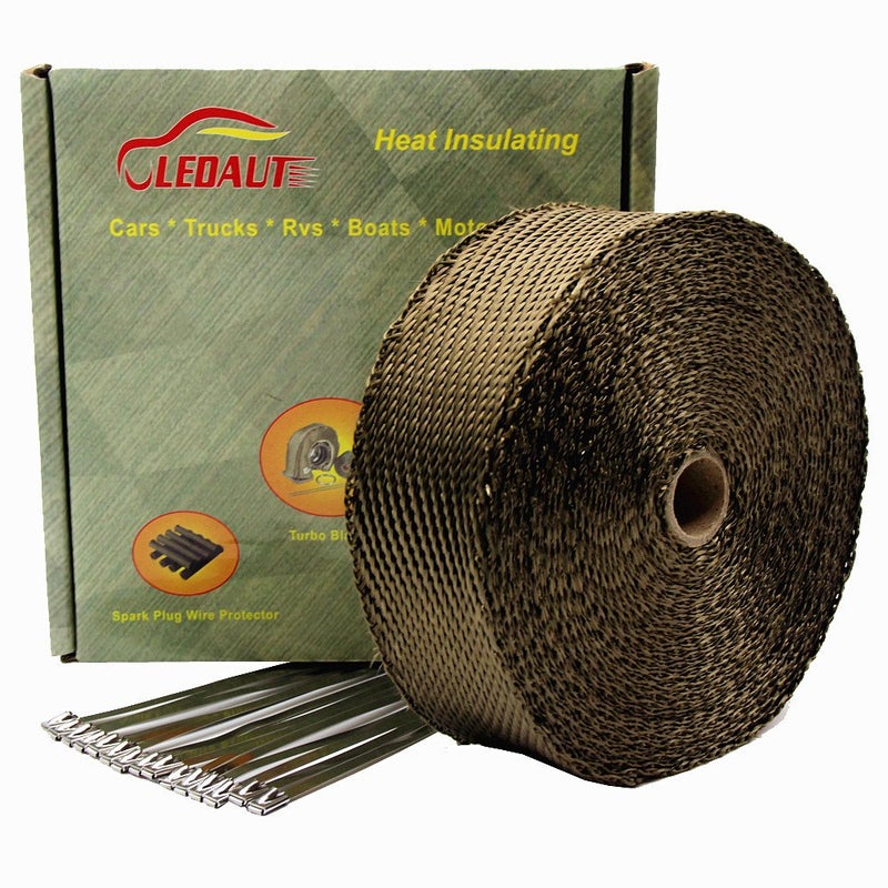LEDAUT 2""x 50' Twill Weave Motorcycle ATV Titanium Exhaust Heat Shield Wrap with 11.8"" Locking Ties (Pack of 15) - Image 1